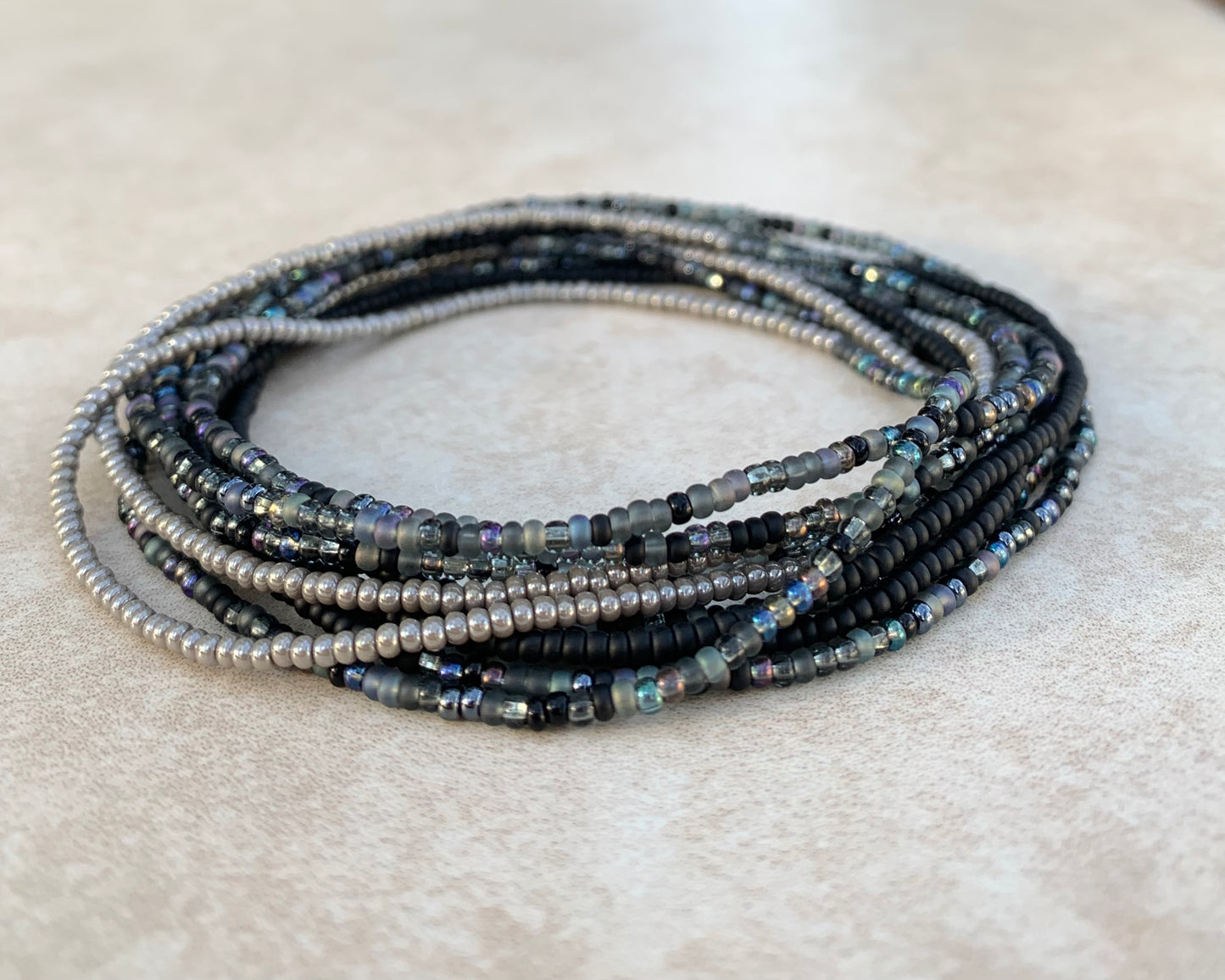 11/0 -WRAP- 84 inch Midnight Seed bead wrap bracelet, matte black, shades of gray wrap seed bead bracelet