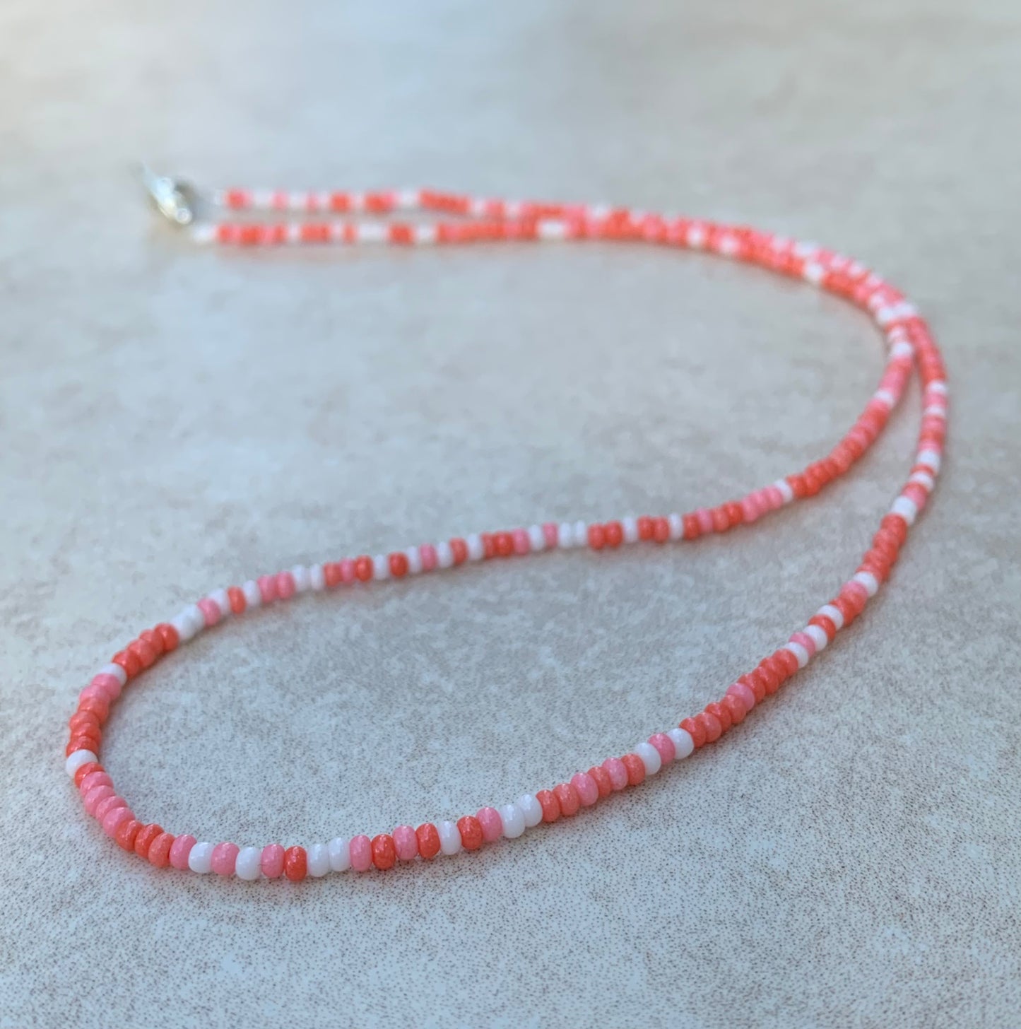 11/0 Coral Love necklace tiny seed bead necklace, coral, pink, white