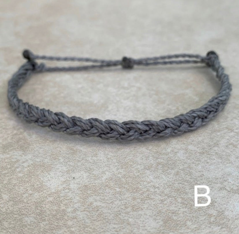 Individual Mini Wax String Bracelets, Grey, white, rhubarb, brown, black, peach, cherry black, pastel blue braided wax bracelets