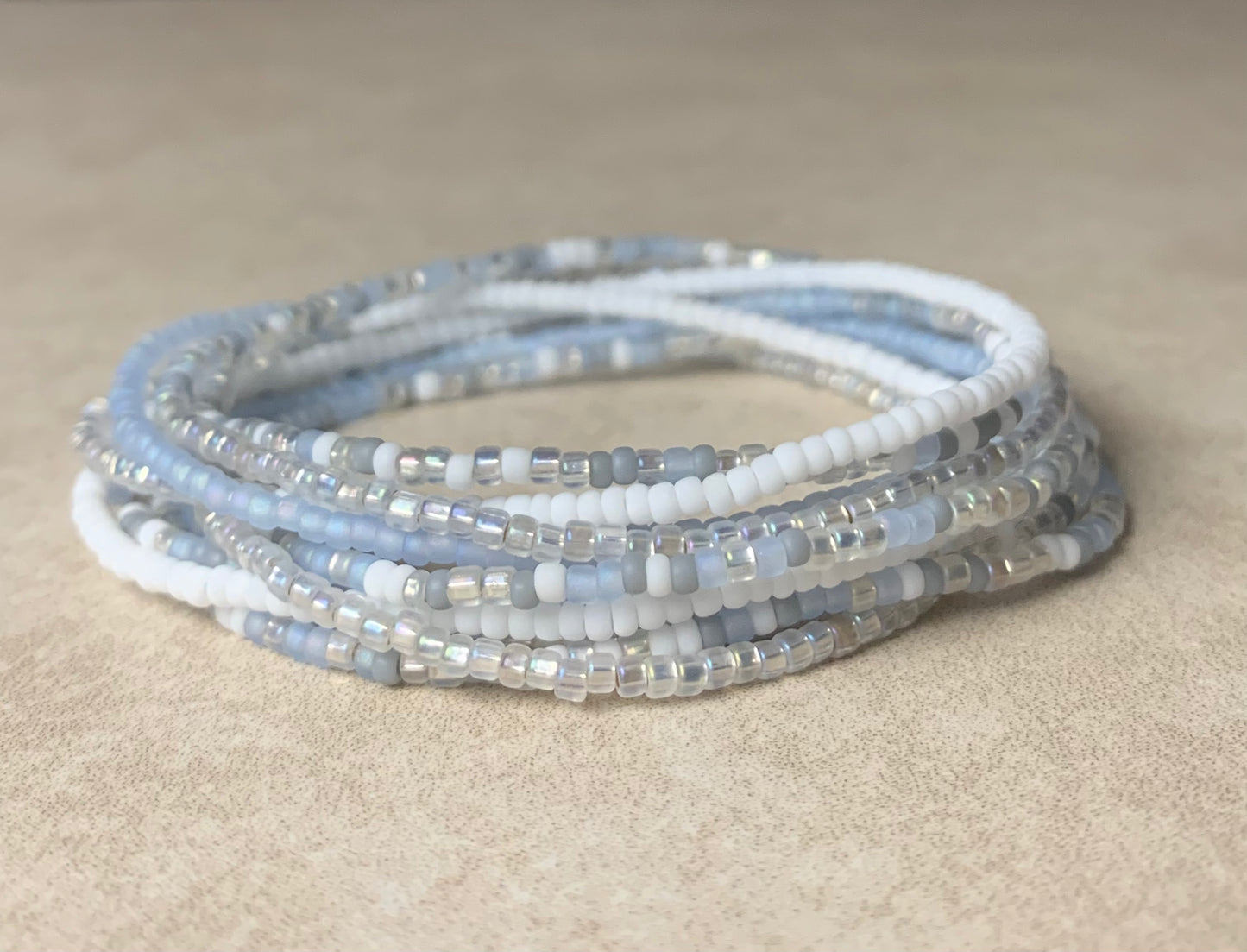 11/0 -WRAP-67 inch Wonderland Japanese Tiny Seed bead wrap bracelet, Matte soft blue, gray, white, frosted crystal wrap seed bead bracelet