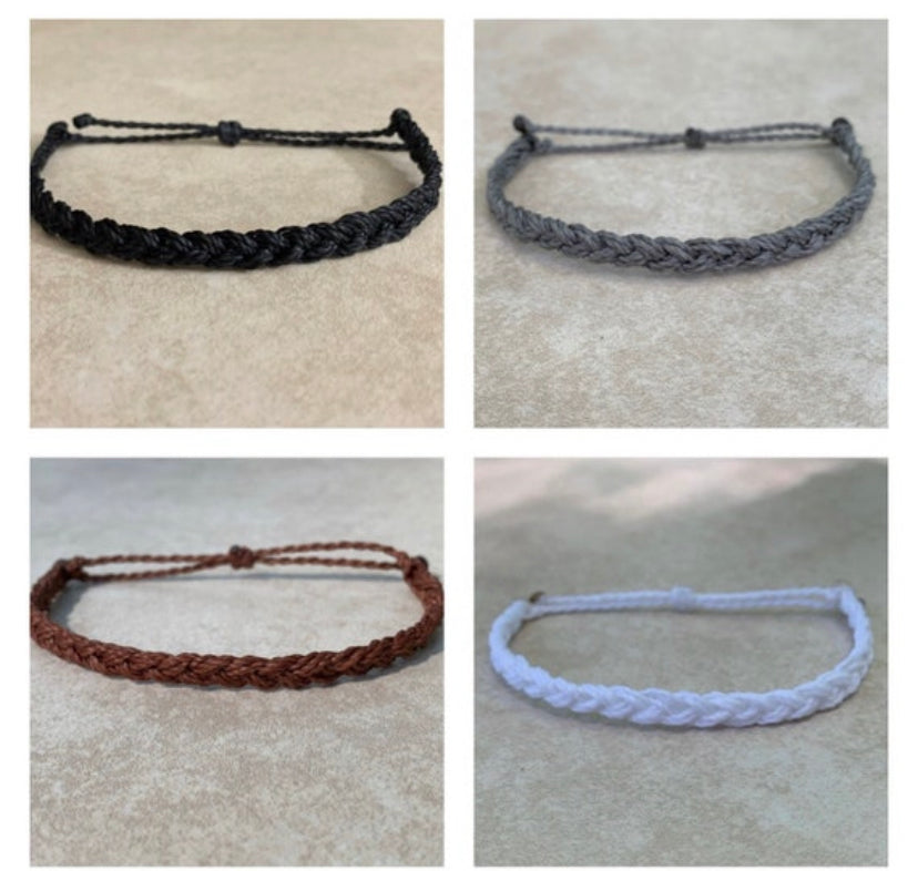 Individual Mini Wax String Bracelets, Grey, white, rhubarb, brown, black, peach, cherry black, pastel blue braided wax bracelets