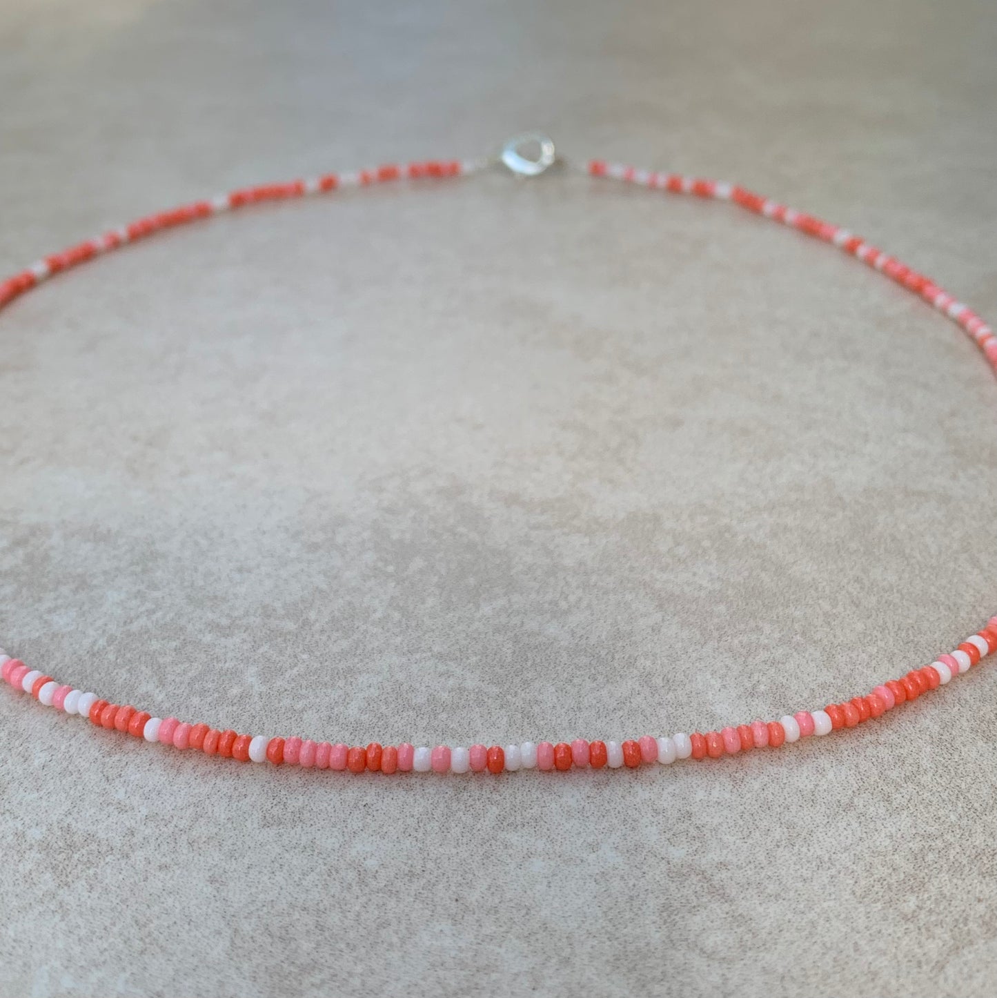 11/0 Coral Love necklace tiny seed bead necklace, coral, pink, white