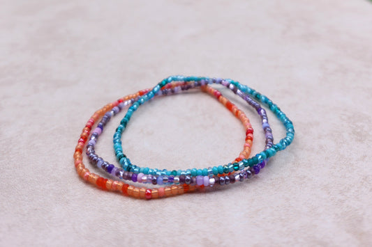 11/0 Set of 3 Mixed Blend tiny stretch seed bead bracelets, blue blend, purple blend, and peach and pink blend