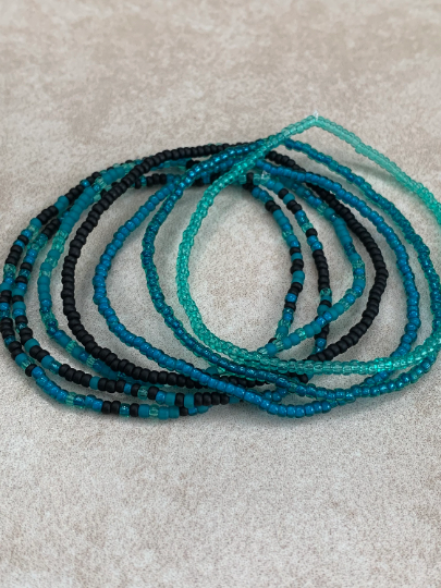 Stretch necklace or triple wrap bracelet with green and blue seed