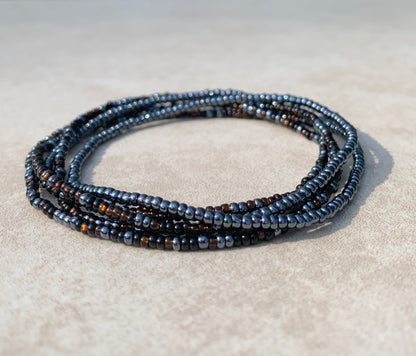 11/0 -WRAP- 36 inch Seed bead wrap bracelet, black, gunmetal, silver lined dark brown wrap seed bead bracelet