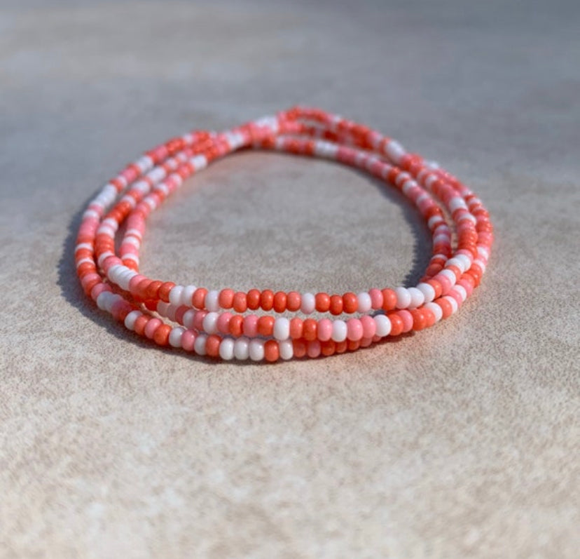 11/0 Coral Love Set of 3 Tiny Stretch Stackable Seed bead bracelet set, blend of white, coral, and pink