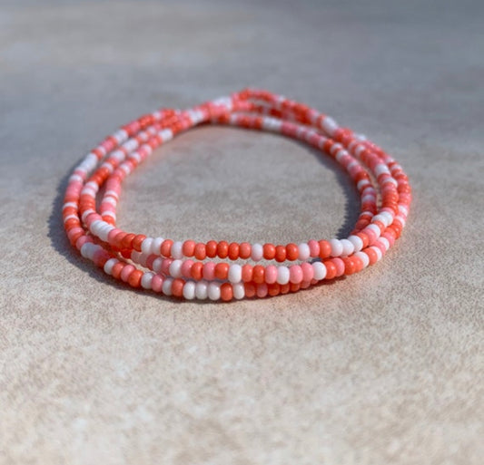 11/0 Coral Love Set of 3 Tiny Stretch Stackable Seed bead bracelet set, blend of white, coral, and pink