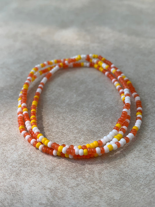 11/0 Set of 3 Candy Corn tiny stackable stretch seed bead bracelets, minimalist, colorful stretch seed bead bracelets, orange, yellow,white