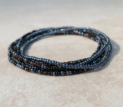 11/0 -WRAP- 36 inch Seed bead wrap bracelet, black, gunmetal, silver lined dark brown wrap seed bead bracelet