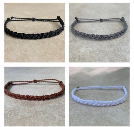 Individual Mini Wax String Bracelets, Grey, white, rhubarb, brown, black, peach, cherry black, pastel blue braided wax bracelets