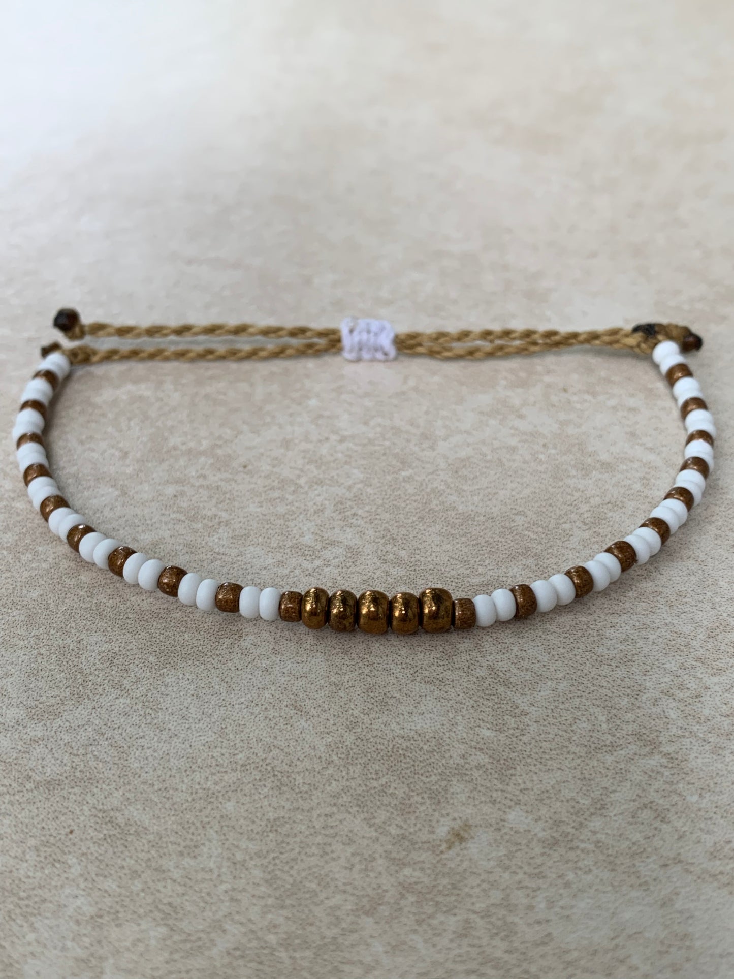 8/0 and 6/0 Matte White and Bronze tone seed bead Wax String Bracelet, waterproof adjustable wax string bracelet