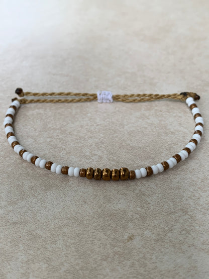 8/0 and 6/0 Matte White and Bronze tone seed bead Wax String Bracelet, waterproof adjustable wax string bracelet