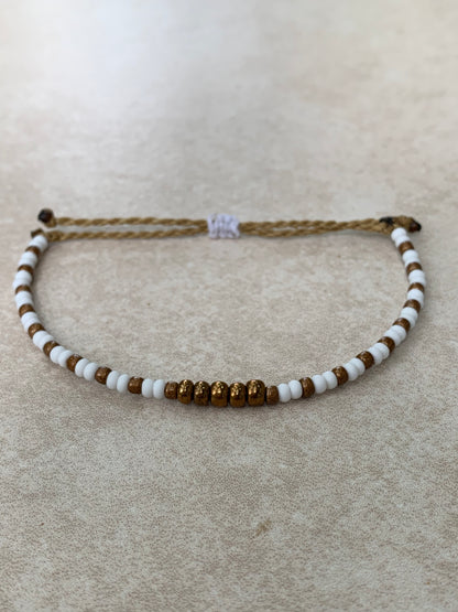 8/0 and 6/0 Matte White and Bronze tone seed bead Wax String Bracelet, waterproof adjustable wax string bracelet
