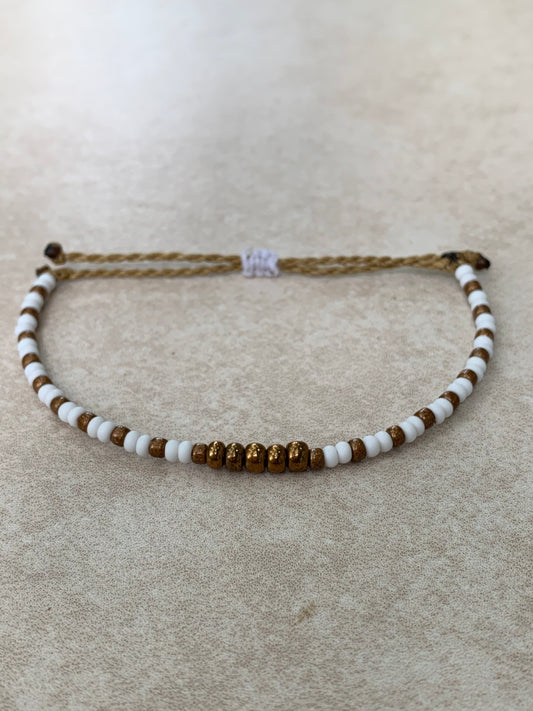 8/0 and 6/0 Matte White and Bronze tone seed bead Wax String Bracelet, waterproof adjustable wax string bracelet