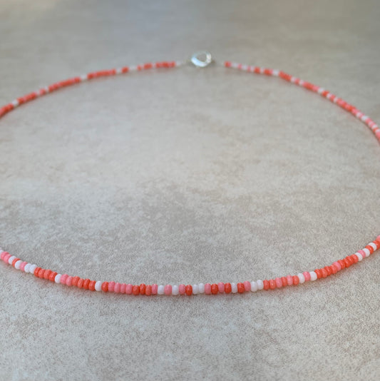 11/0 Coral Love necklace tiny seed bead necklace, coral, pink, white